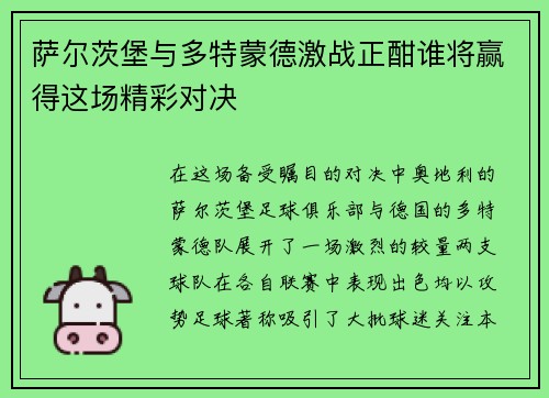 萨尔茨堡与多特蒙德激战正酣谁将赢得这场精彩对决